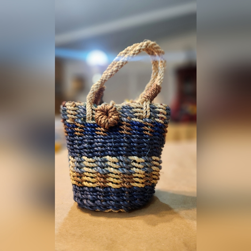 Vintage Handcrafted Woven Mini Basket - Beautiful Blues and Beautiful Browns